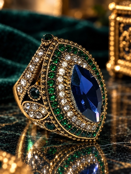 The Unbranded Brand Jewelry - Blue Green & Clear Crystal Statement Ring Gold Tone Size 8